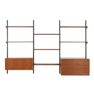 Modular shelving by Kai Kristiansen, teak veneer with black wall rails, Denmark, 1960s
