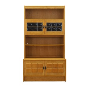 Danish Oak Bookcase by Henning Kjærnulf with Glass Doors and Geometric Panels, 1960s