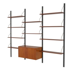 Danish modular shelving from the 1970s — teak veneer with black wall rails, ten shelves