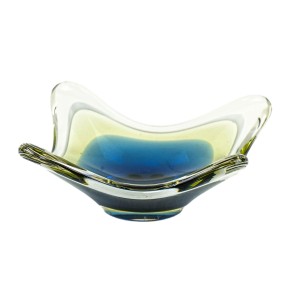 Art glass platter with organic form in blue and yellow, Europe, 1970s