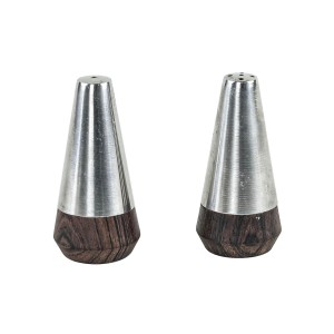 Danish teak and steel salt and pepper set with wooden tray, 1970s Scandinavian design