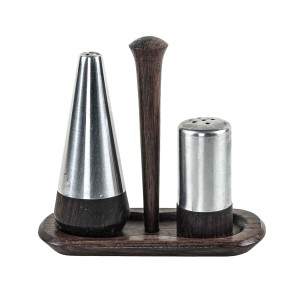 Danish salt and pepper set in wood and steel with tray, 1970s