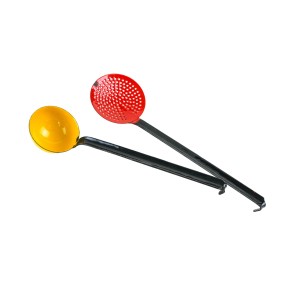 Enamel ladle and straining spoon set, Polish utilitarian design from the 1970s