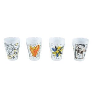 Poul Pava cups for Aida, glazed ceramic with colourful figures, Denmark, 1990s