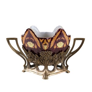 Art Nouveau ceramic platter in gilded basket with grapevine motif, Europe