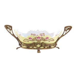 Art Nouveau ceramic platter with glazed golden finish in decorative metal frame, European
