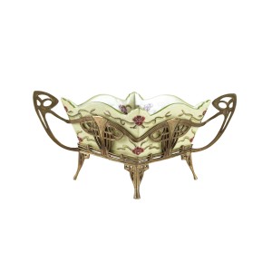 Art Nouveau platter with ceramic insert in ornamental metal frame, European craftsmanship