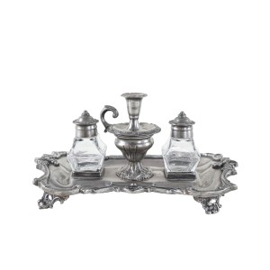 Decorative Art Deco table set – metal tray with glass flacons, European craftsmanship