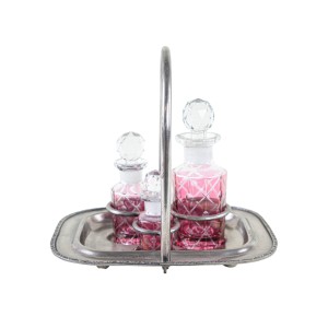 Cut Pink Glass Cruet Set for Oil and Condiments, European Art Deco, 1930s