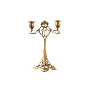 Art Nouveau brass candlestick with floral ornamentation, two arms, European