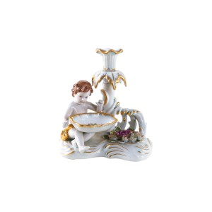 Figural porcelain candlestick with putto, two-armed, gilding and polychrome, Art Deco style