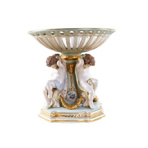 Figural ceramic platter with putti, openwork form with gilt accents, Art Deco style, Europe