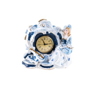 Porcelain mantel clock with female figure, glazed ceramics in Rococo style, European craftsmanship