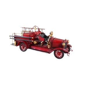 Metal fire truck model in retro style, industrial decor with red body and gold accents