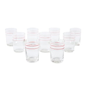 Set of tumblers with red stripe, clear glass, Europe, 1960s