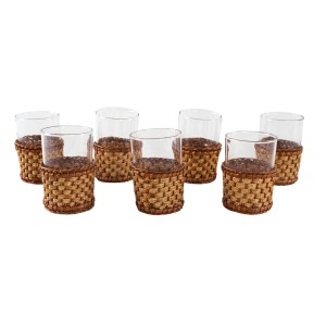 Set of tumblers with rattan holders, Polish glassware from the 1970s