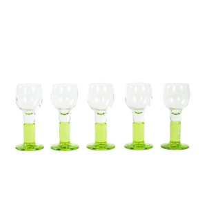 Pair of Italian stemmed glasses with green stem, hand-blown glass, 1970s