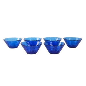 Set of six blue pressed glass bowls, France, 1970s