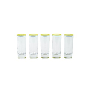 Set of slender tumblers with yellow rim, Italian pressed glass, 1970s