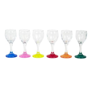 Set of Italian stemmed glasses with colored glass bowls, clear stems, 1970s