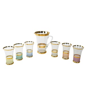 Glass Carafe with Six Glasses, Gold and Pastel Stripes Decor, 1970s